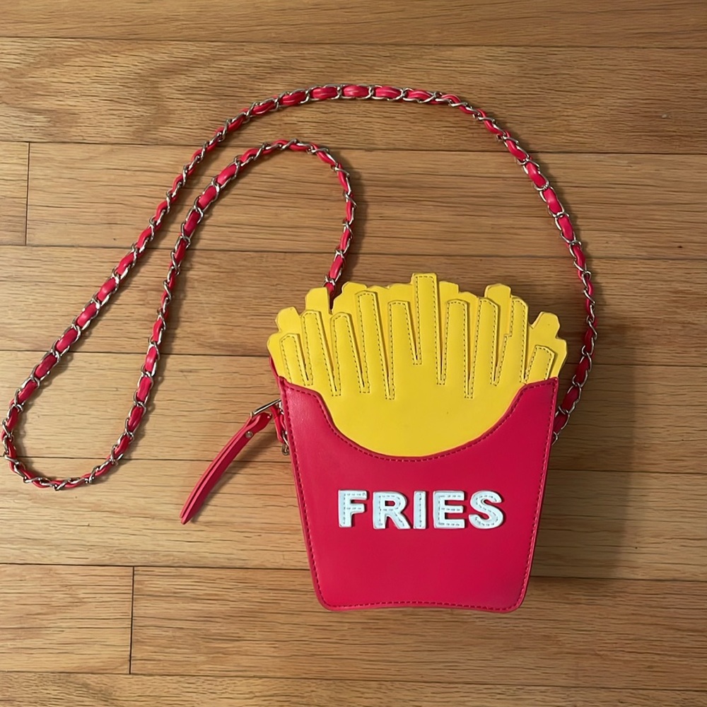 Nila Anthony red & gold French fries leather crossbody gold chain leather strap